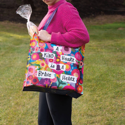Market Tote With Floral Design And A Kind Heart Is A Brave Heart