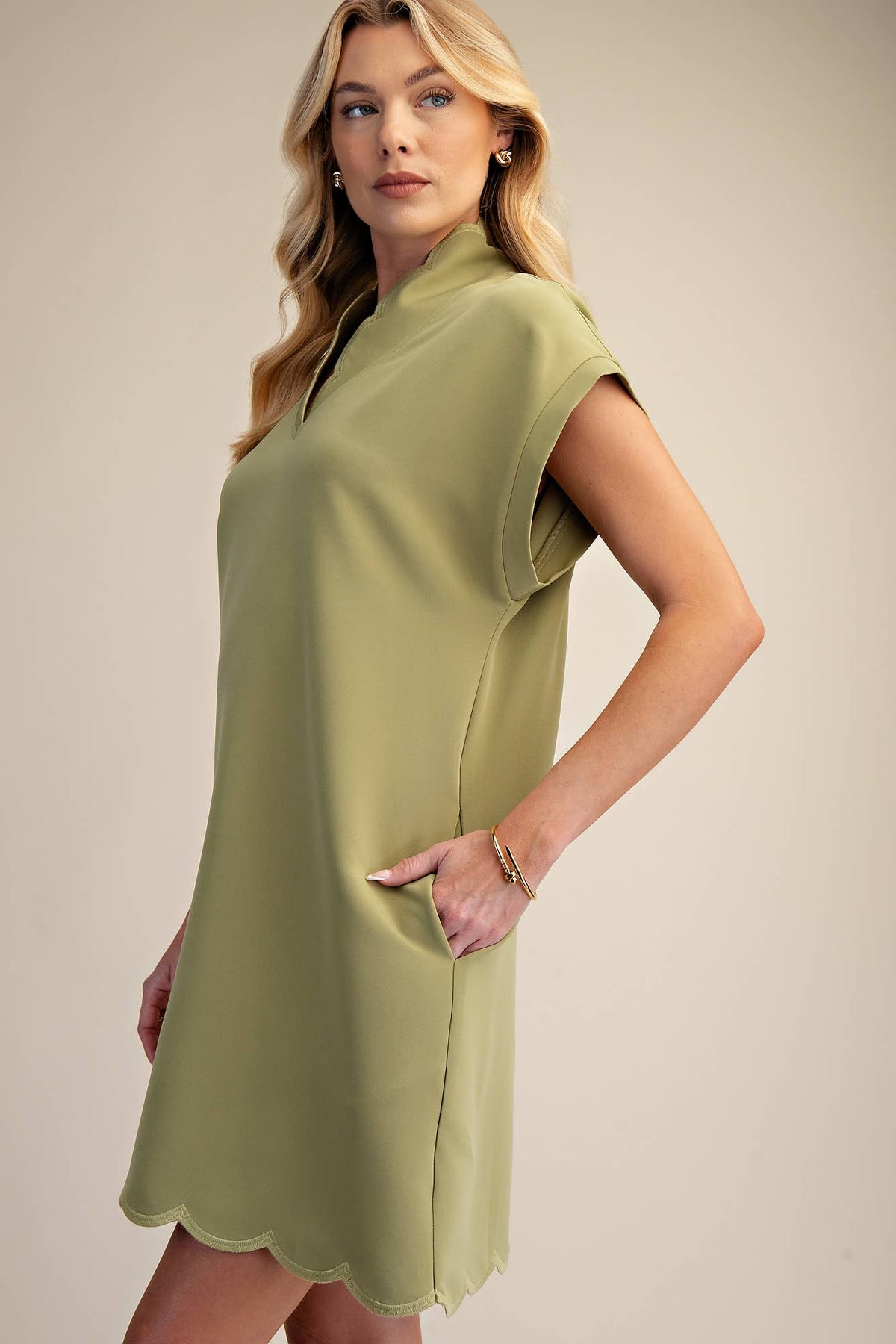 Mini Dress With Embroidered Scallop Trim V Neck And Hem Cap Sleeves - Super Cute - The Sensory