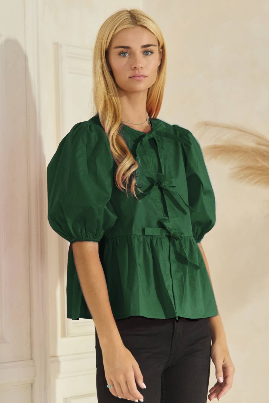 Poplin Front Tie Ribbon Peplum, Modest Puff Sleeve