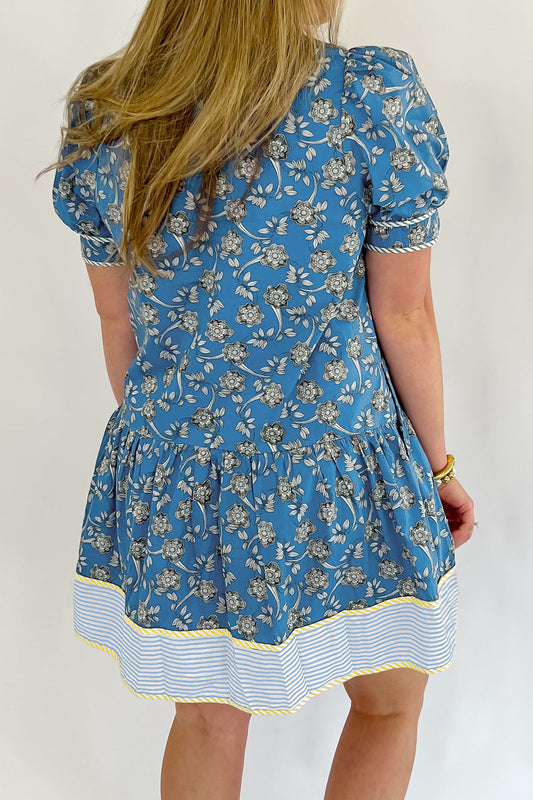 Blue Floral Print Striped Patchwork Detail Button Front Ruffle Hem Dress