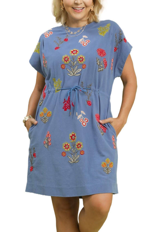 Plus Size Modest Dress Embroidered Multicolor Floral Mini With Waist Tie