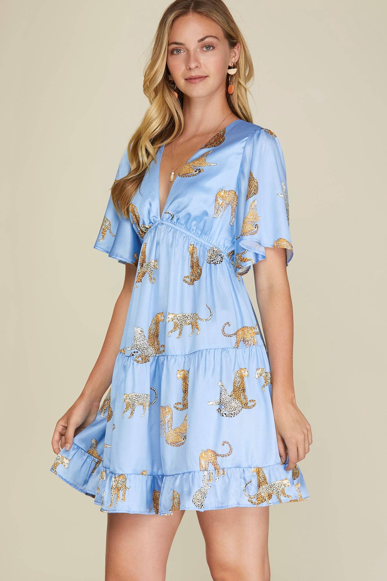 Tiger Print Satin Dress With Flutter Sleeve Tiered - Classy!