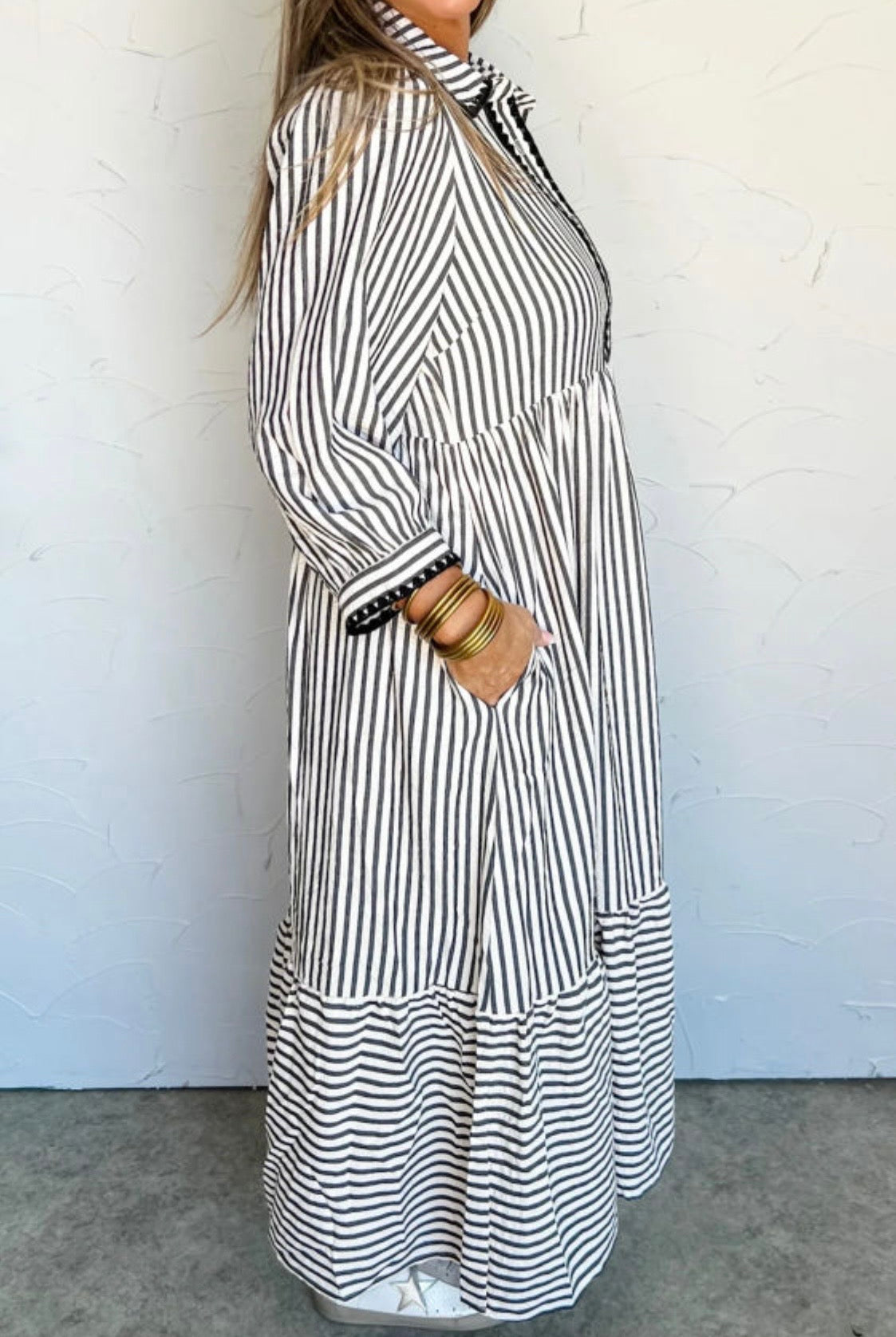 The Sensory Modest Midi Dress - Black And Cream Stripes With Pockets