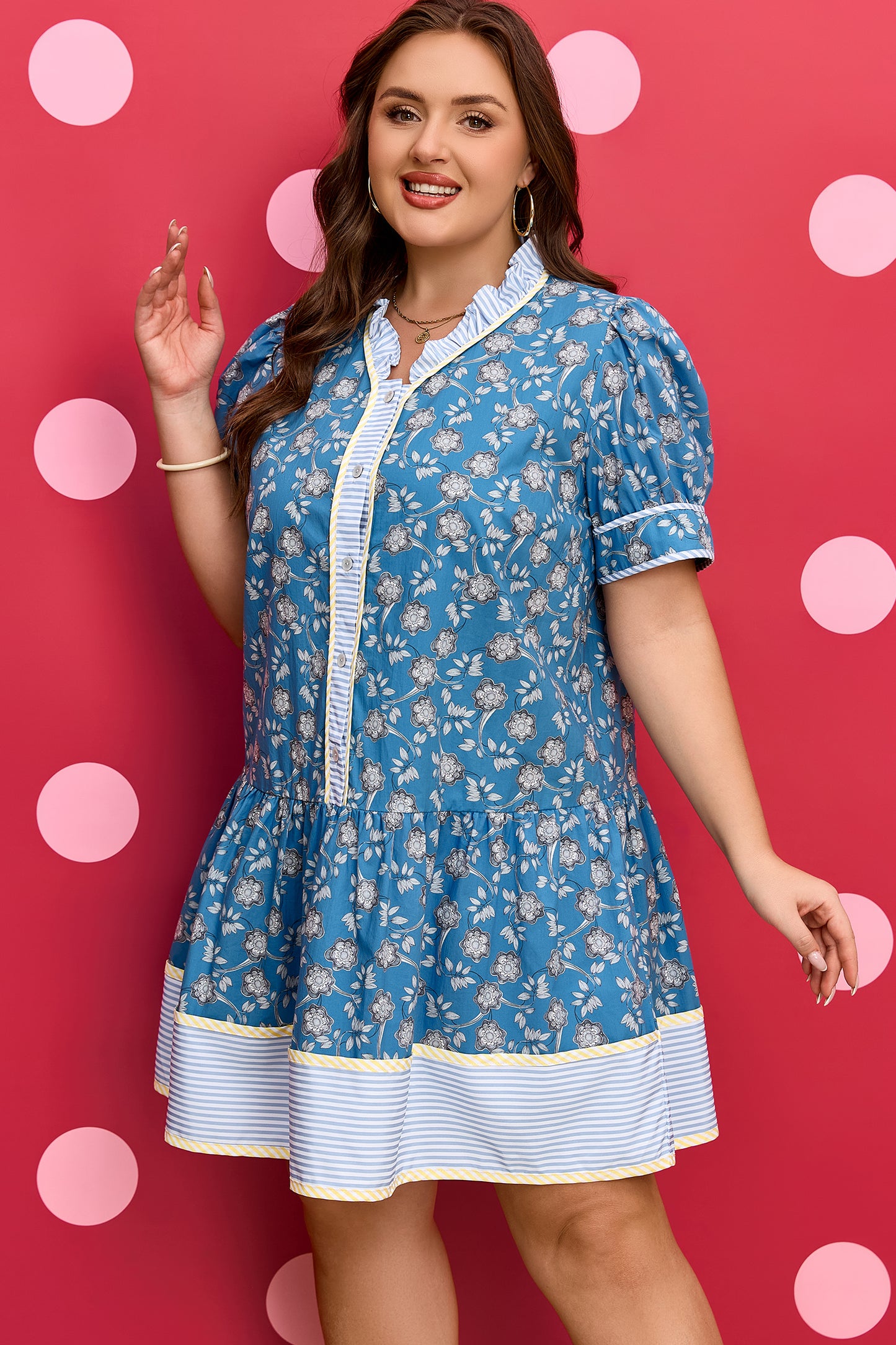 Blue Floral Print Striped Patchwork Detail Button Front Ruffle Hem Dress