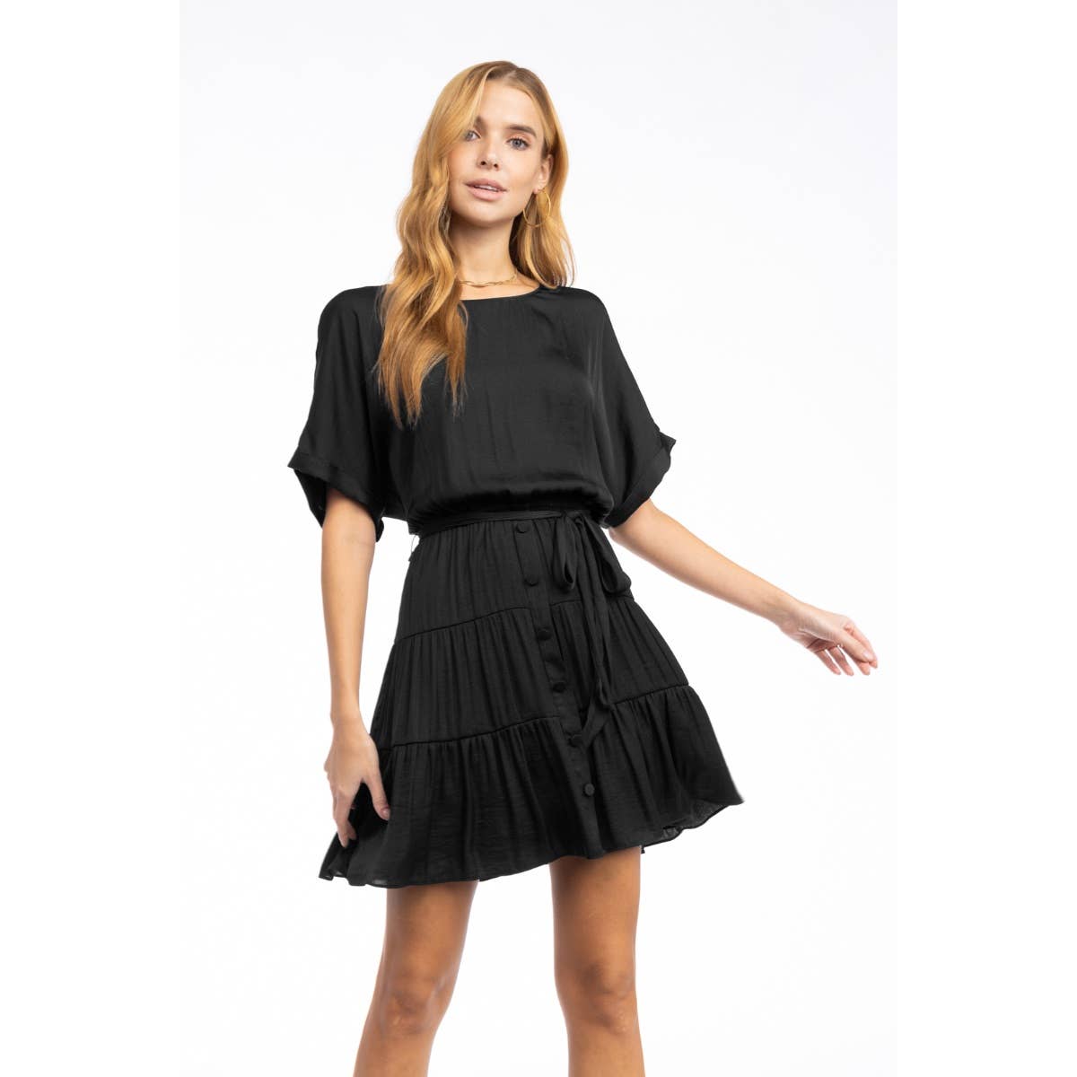 Short Sleeve Tiered Mini Dress - Front Button, Tie Waist, Little Dress