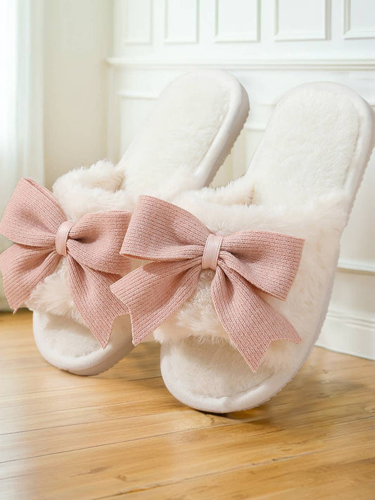 Slippers The Sensory Bow Knot Decor Plush Open-Toe White Faith-Based