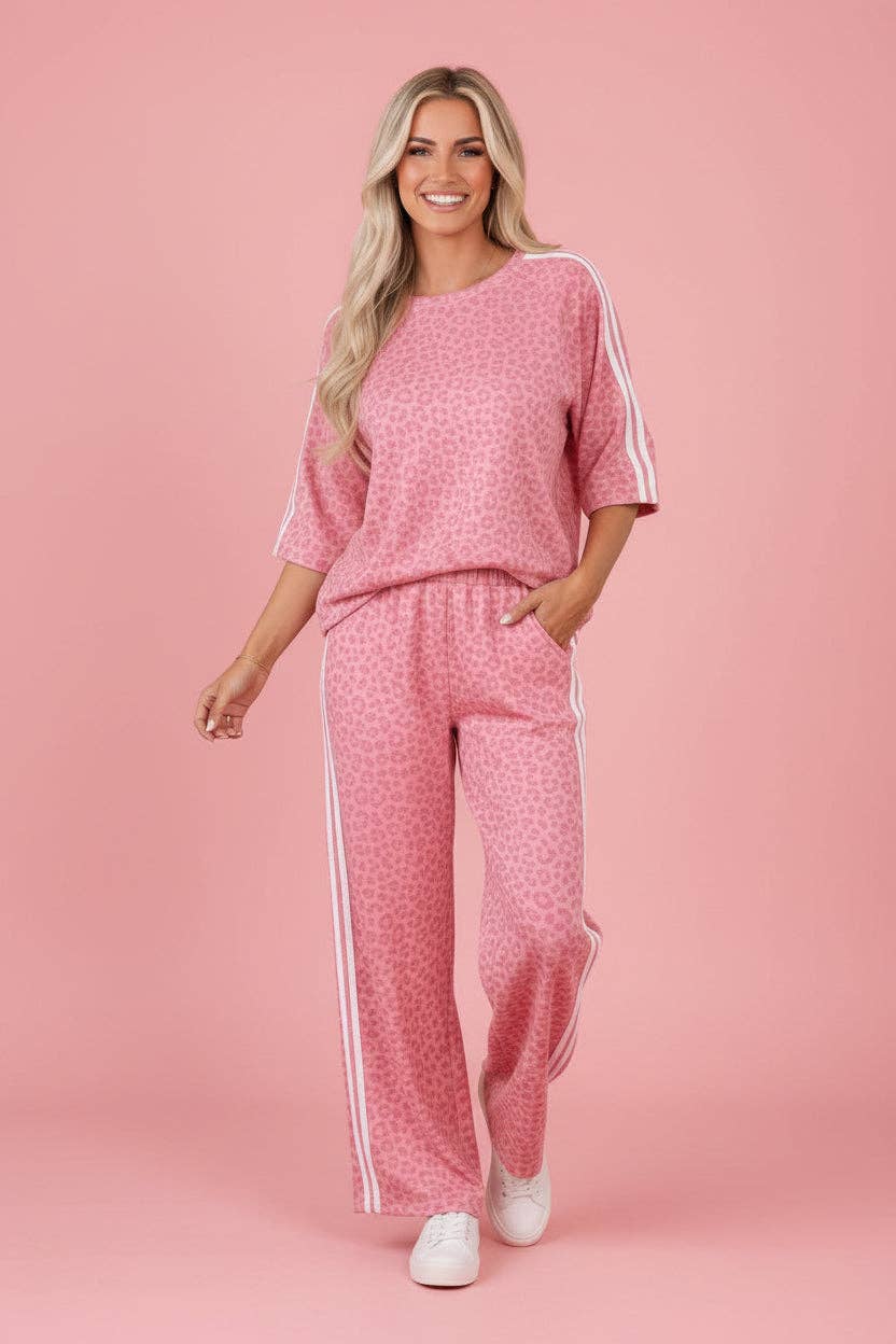 LALA LOO Leopard Varsity Stripe 3/4 Sleeve Top & Pants Set - The Sensory