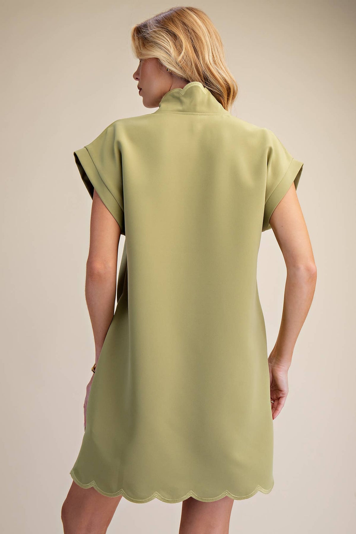 Mini Dress With Embroidered Scallop Trim V Neck And Hem Cap Sleeves - Super Cute - The Sensory