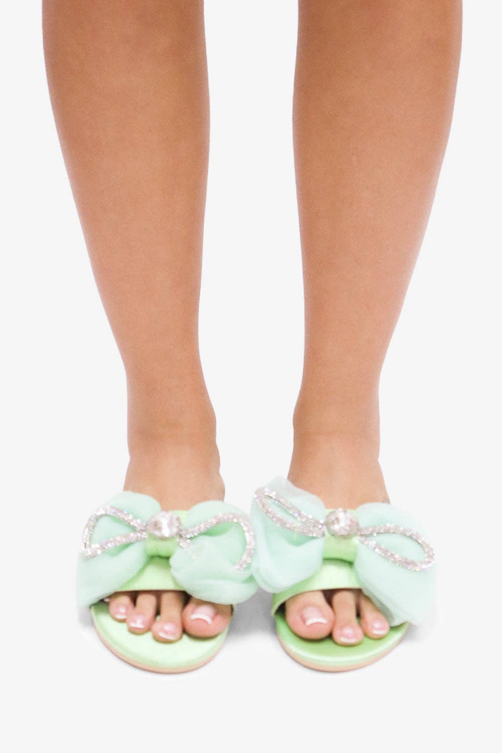 Spring Green/ Bow Accent Sandals with Rhinestones- Slip On/ Flat