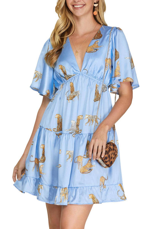 Tiger Print Satin Dress With Flutter Sleeve Tiered - Classy!