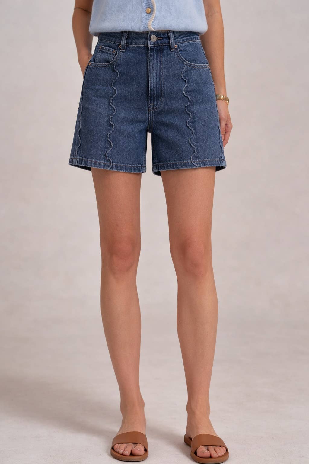 Denim Shorts Mid Rise Wide Leg With Scalloped Front Seam Detail Modest Fashion