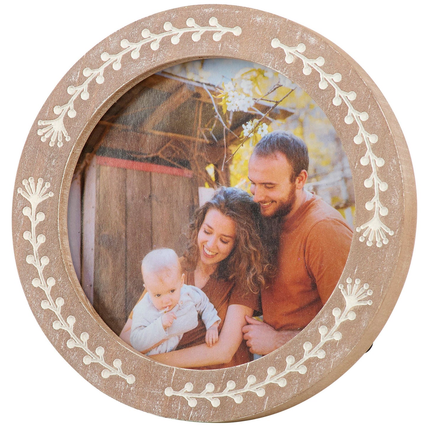 Round Wood Photo Frame - Garden Collection, Debossed Vine Design, Cream Accents