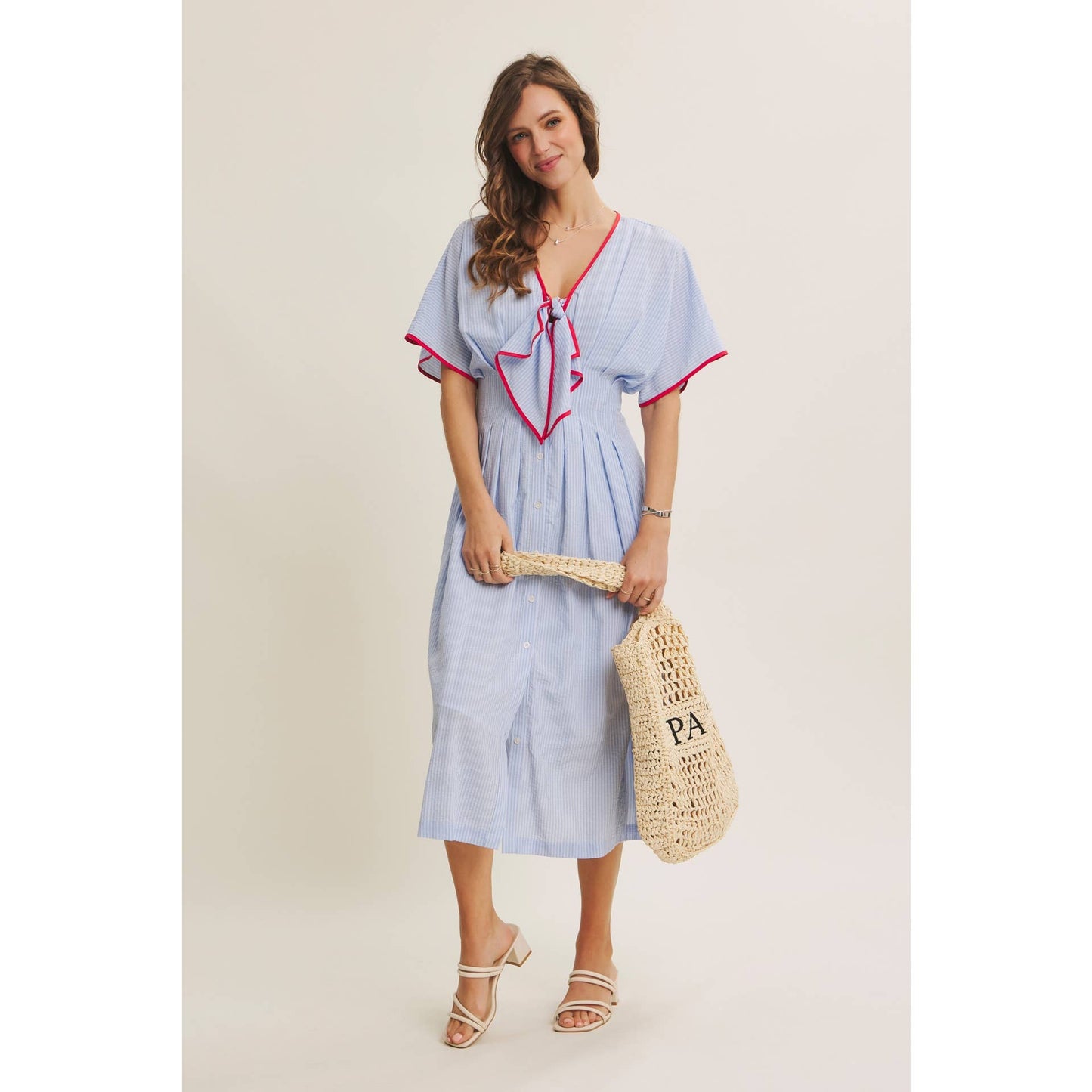 Midi Dress With Pleated Stripe Button Down Tie Modest Fashion Easter