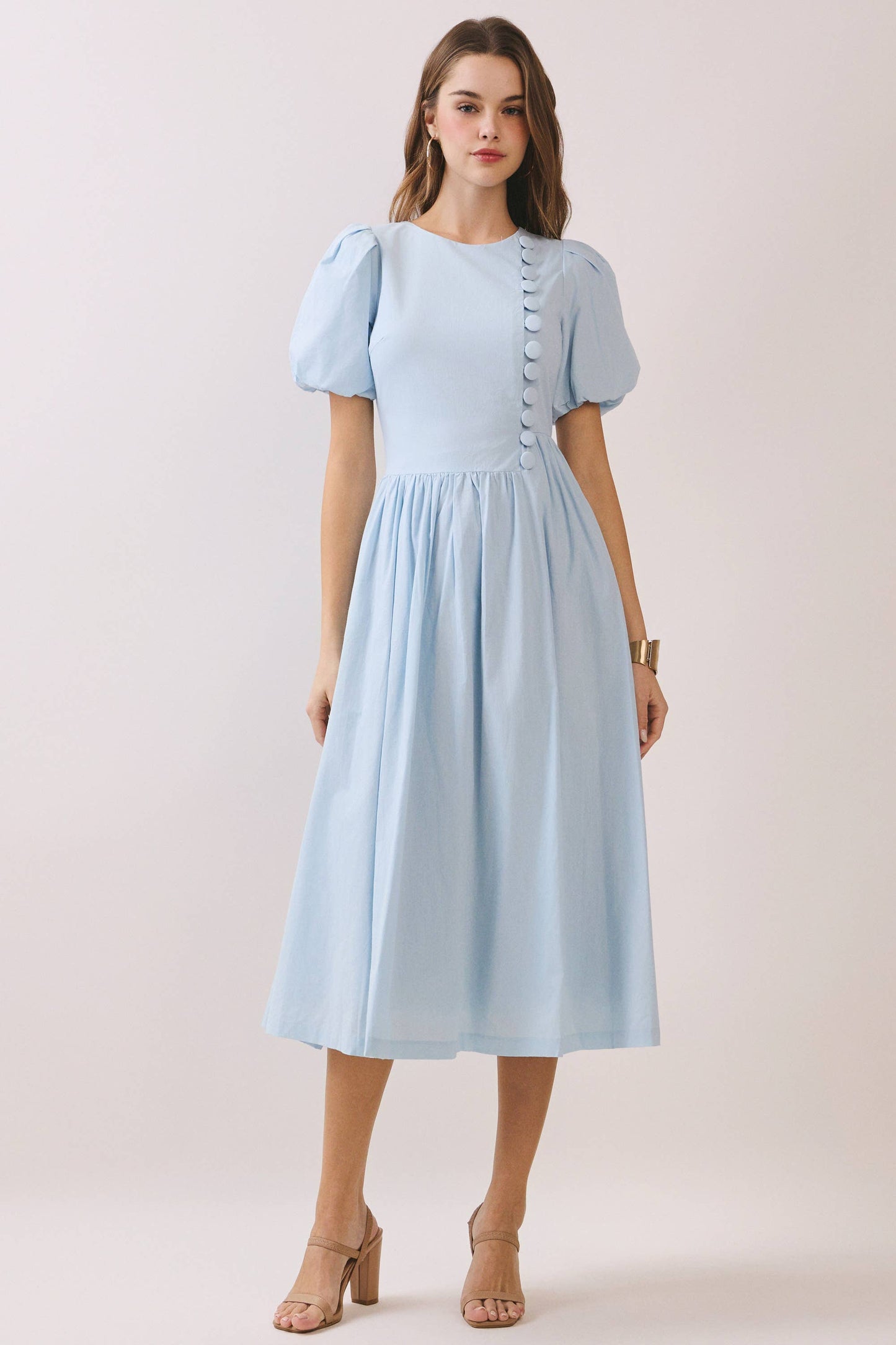Puff Sleeve Midi Dress - The Sensory Modest Round-Neck Faux Button Front