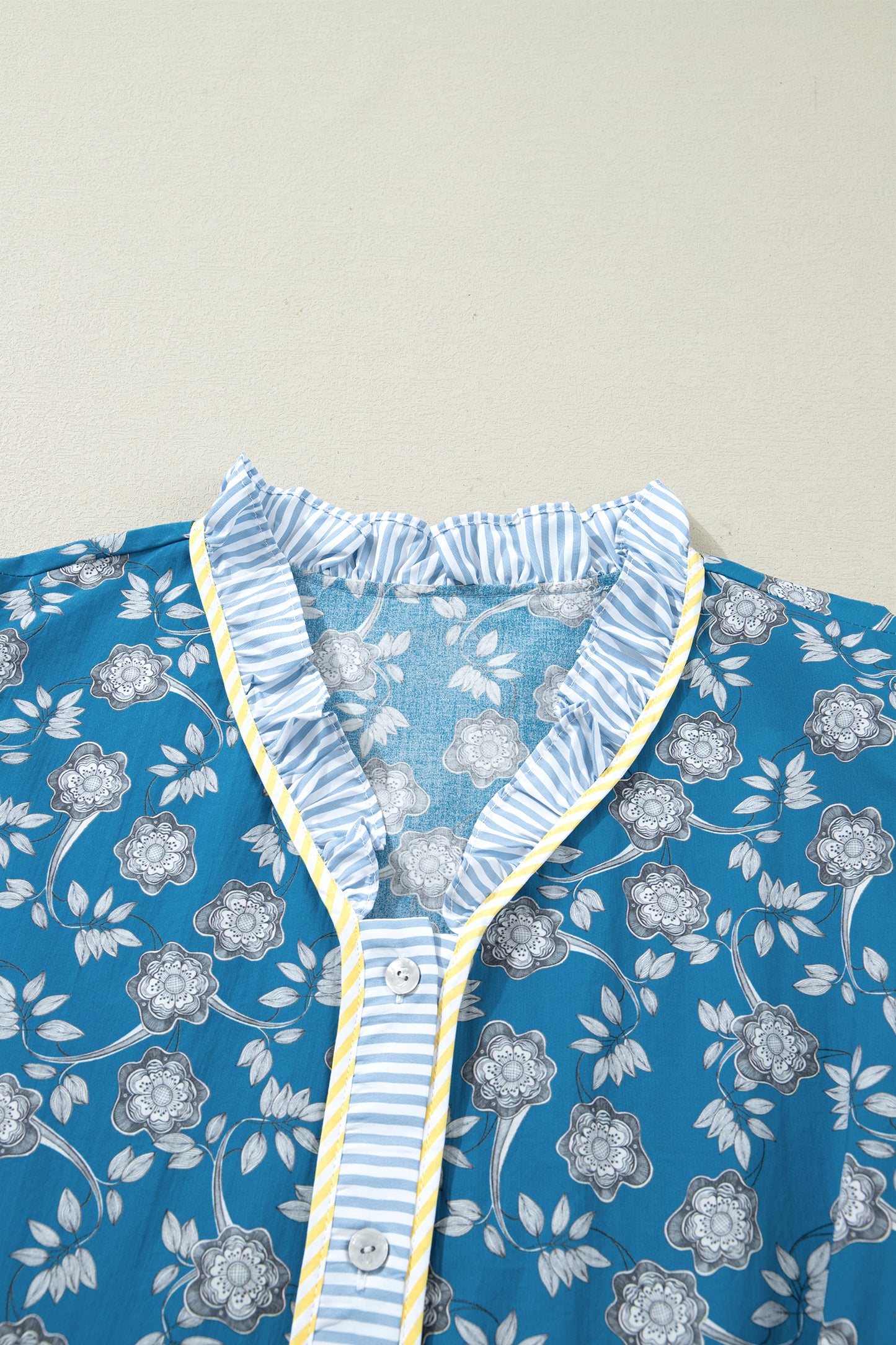 Blue Floral Print Striped Patchwork Detail Button Front Ruffle Hem Dress