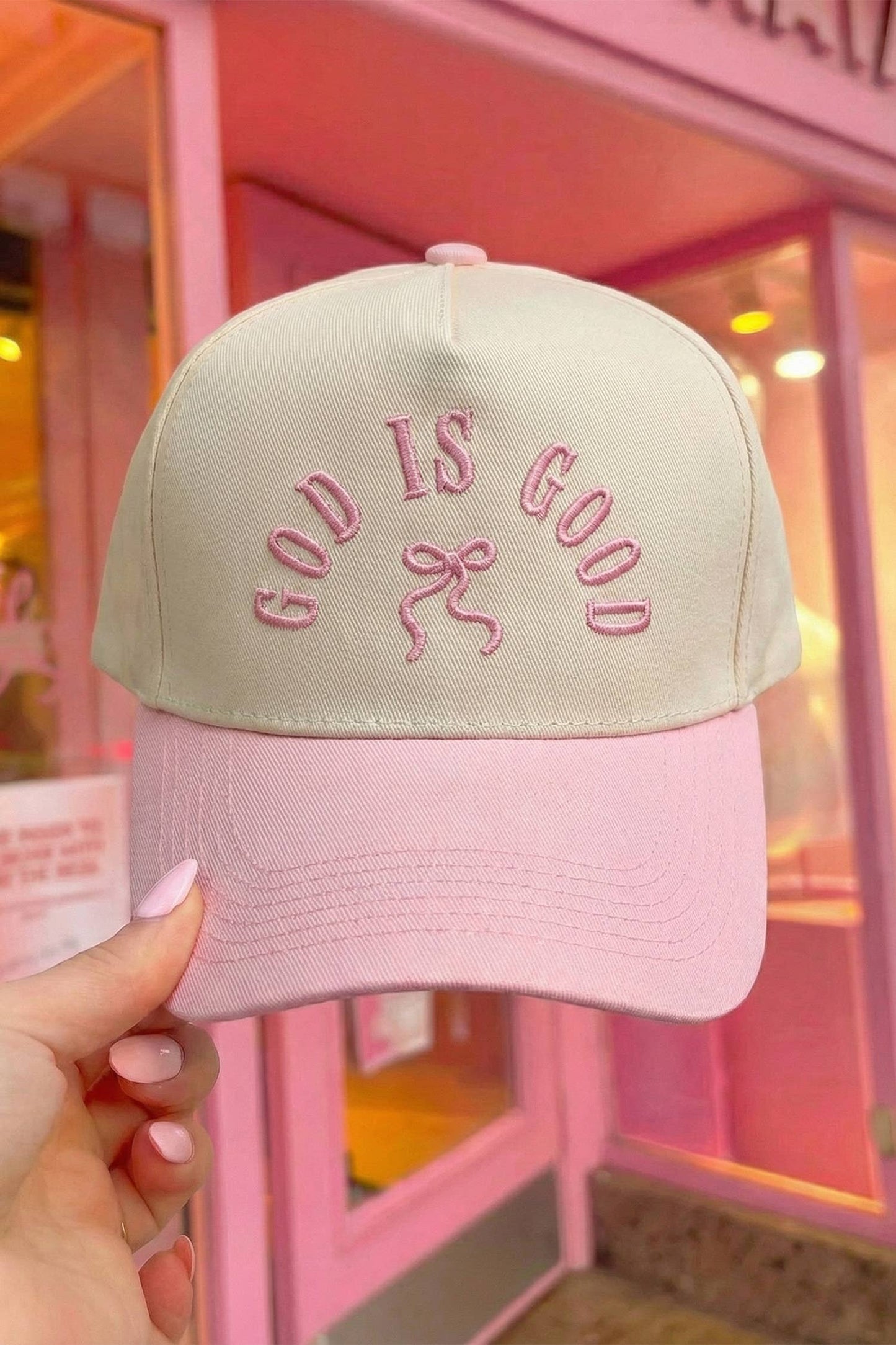 Baseball Cap With Embroidered God Is Good Bow