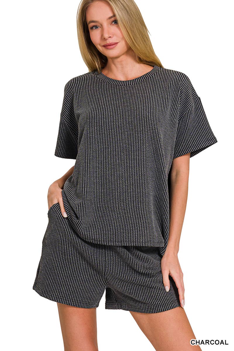 Corded Rib Tee And Drawstring Shorts Set For Women