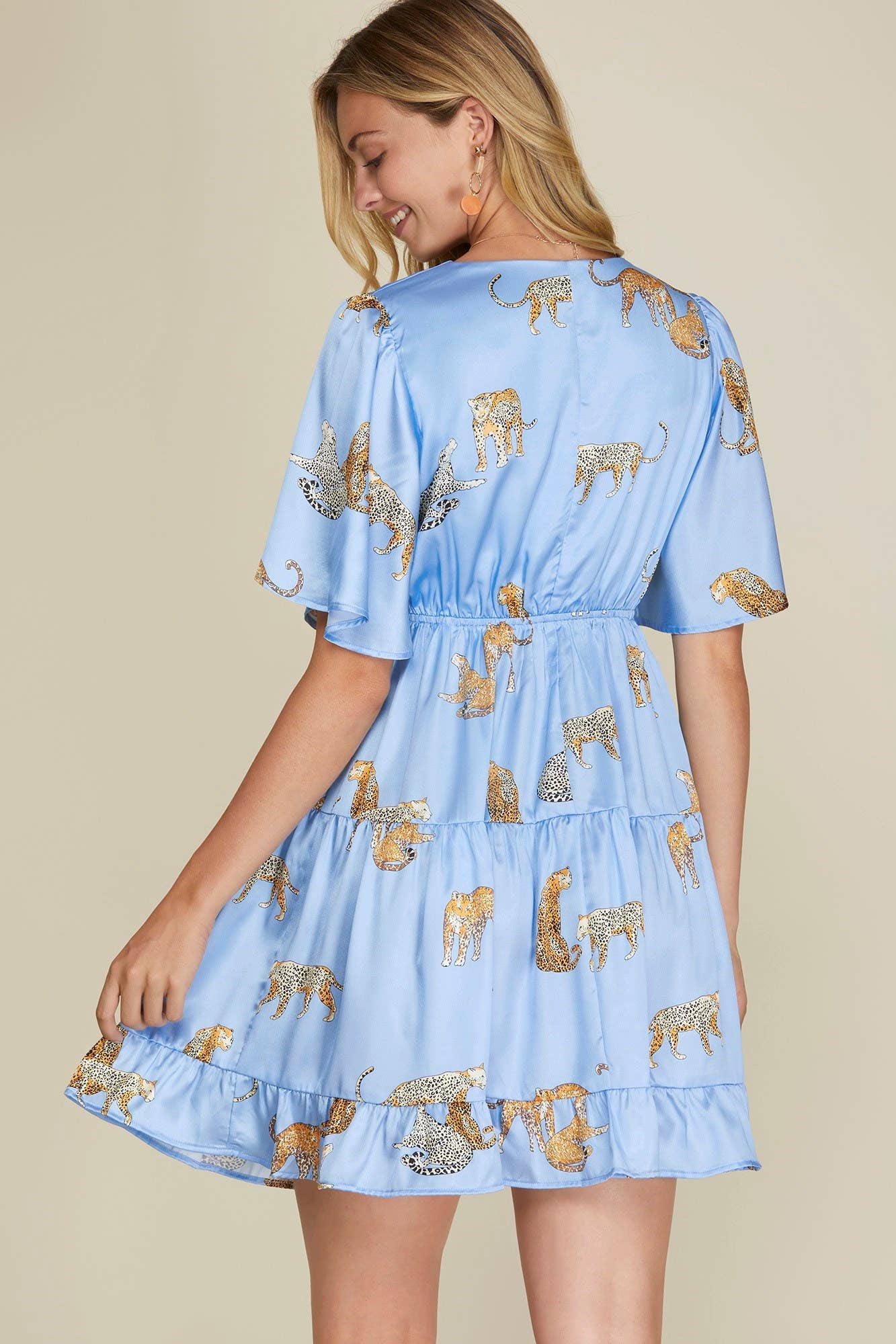 Tiger Print Satin Dress With Flutter Sleeve Tiered - Classy!