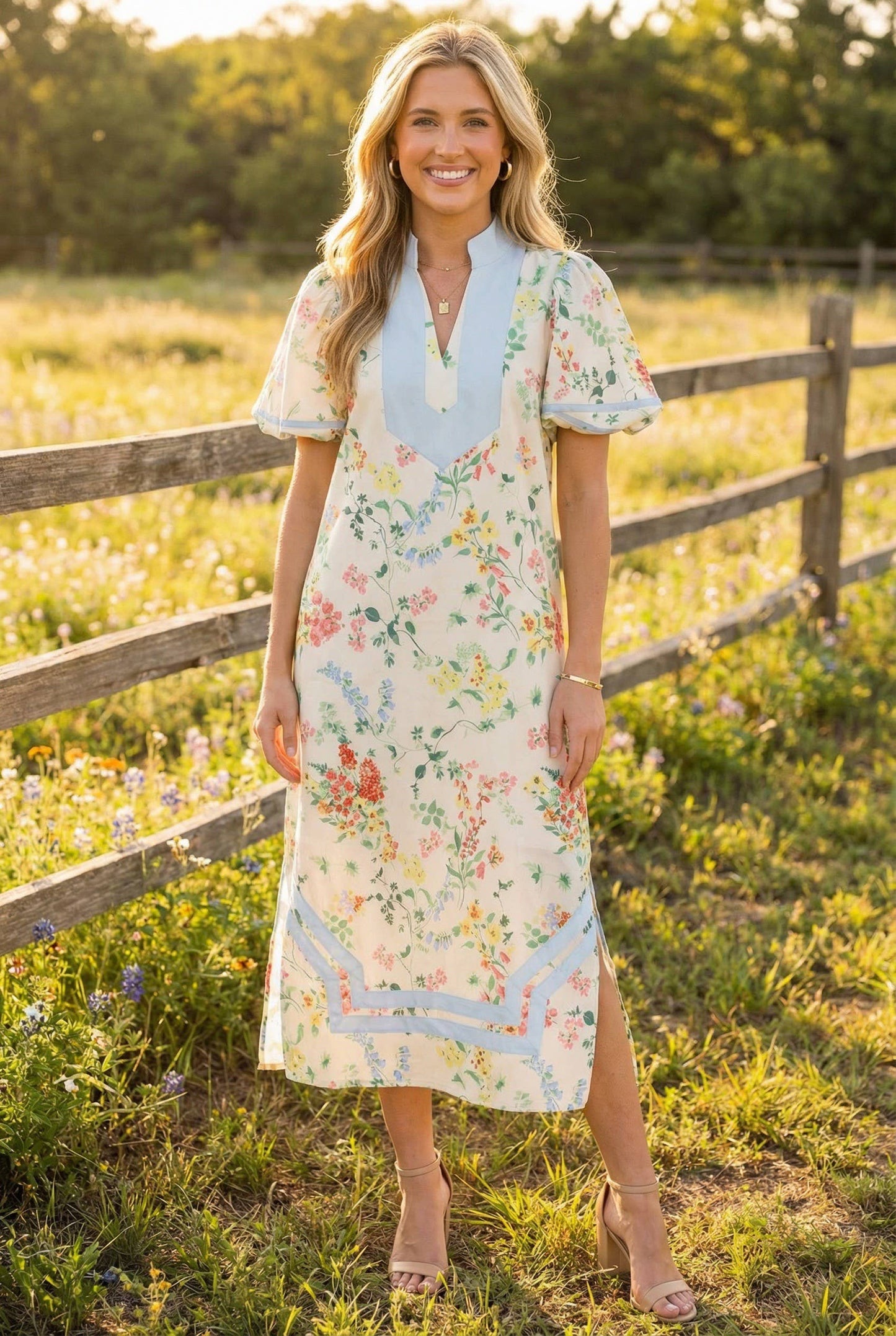 Trimmed Split Neck Line- Floral Maxi Dress - Puffed Sleeves - Restock Arrives April 4th