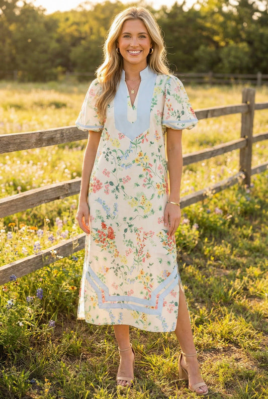 Trimmed Split Neck Line- Floral Maxi Dress - Puffed Sleeves - Restock Arrives April 4th