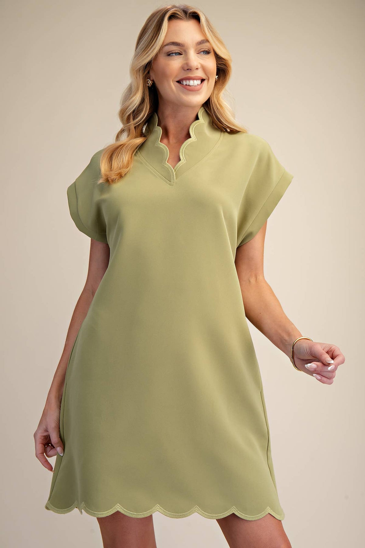 Mini Dress With Embroidered Scallop Trim V Neck And Hem Cap Sleeves - Super Cute - The Sensory