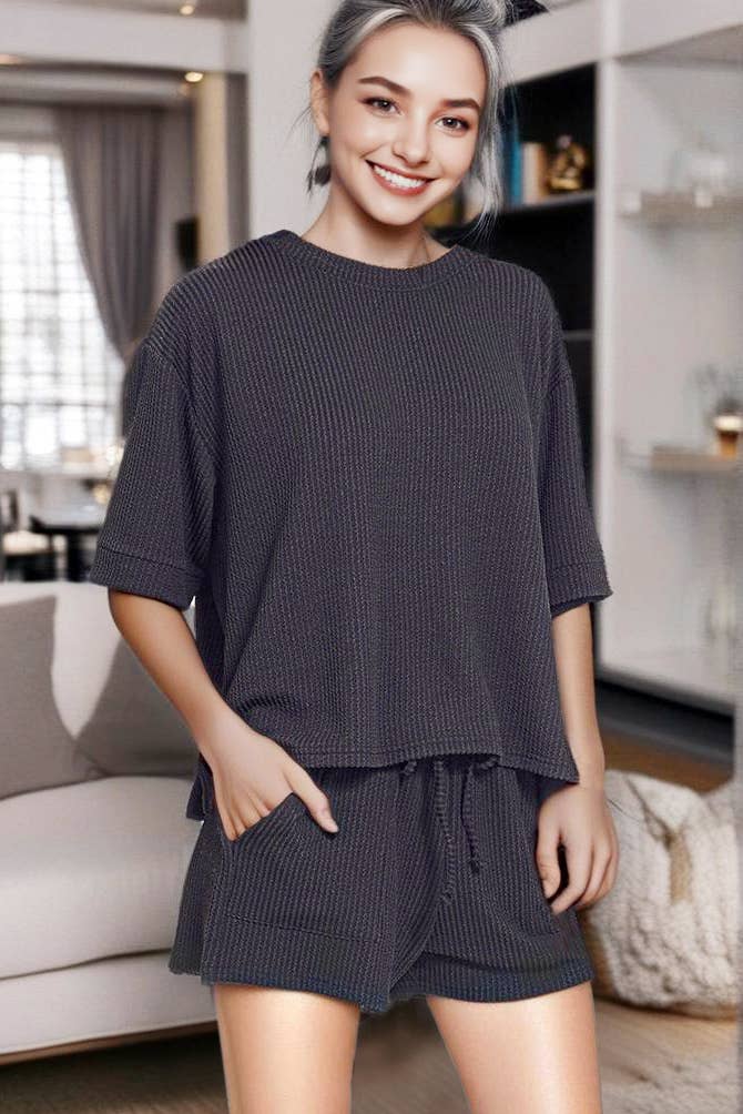 Corded Rib Tee And Drawstring Shorts Set For Women