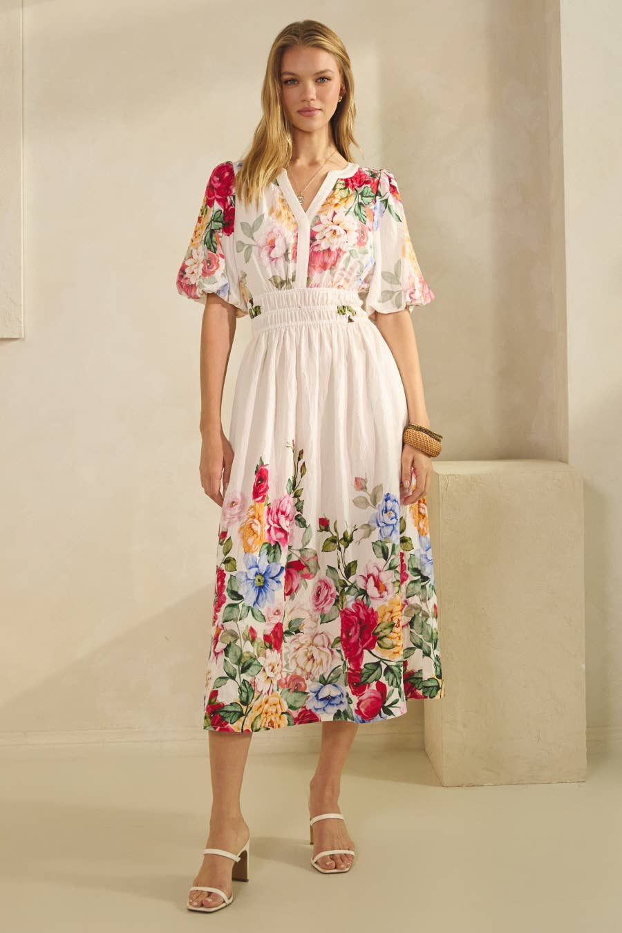 Floral Midi Dress - Short Sleeves, Fitted Waist, Flared Skirt- Modest Apparel