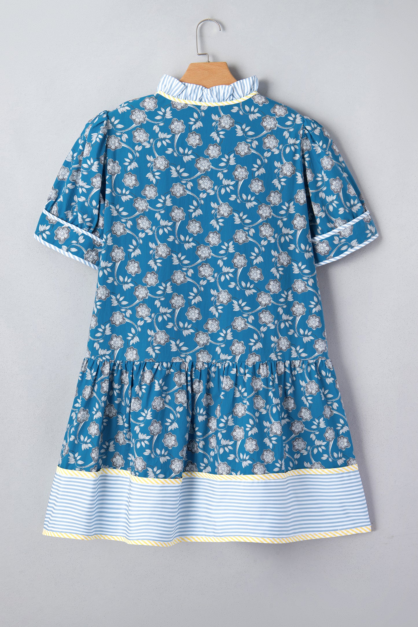 Blue Floral Print Striped Patchwork Detail Button Front Ruffle Hem Dress