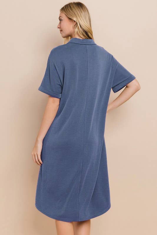 Plus Size Modest Modal Pique Knit Midi Dress With V Neck Collar