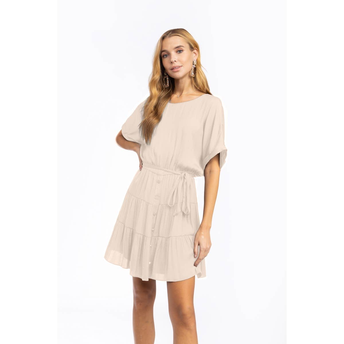 Short Sleeve Tiered Mini Dress - Front Button, Tie Waist, Little Dress