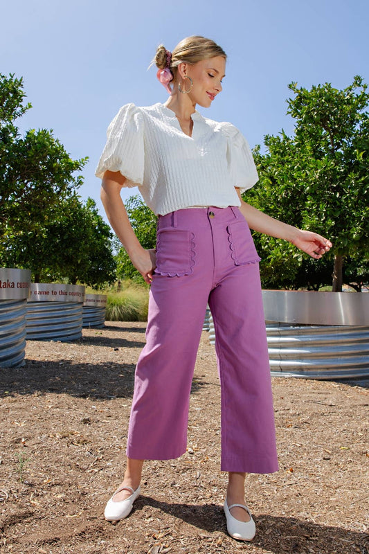 Pants Wide-Leg Cropped With Scalloped Pocket Detail Cotton Blend