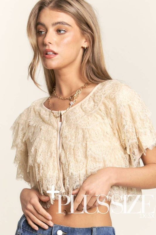 Cardigan With Tiered Lace Cropped Eyelash Fringe Front Tie Modest Fashion