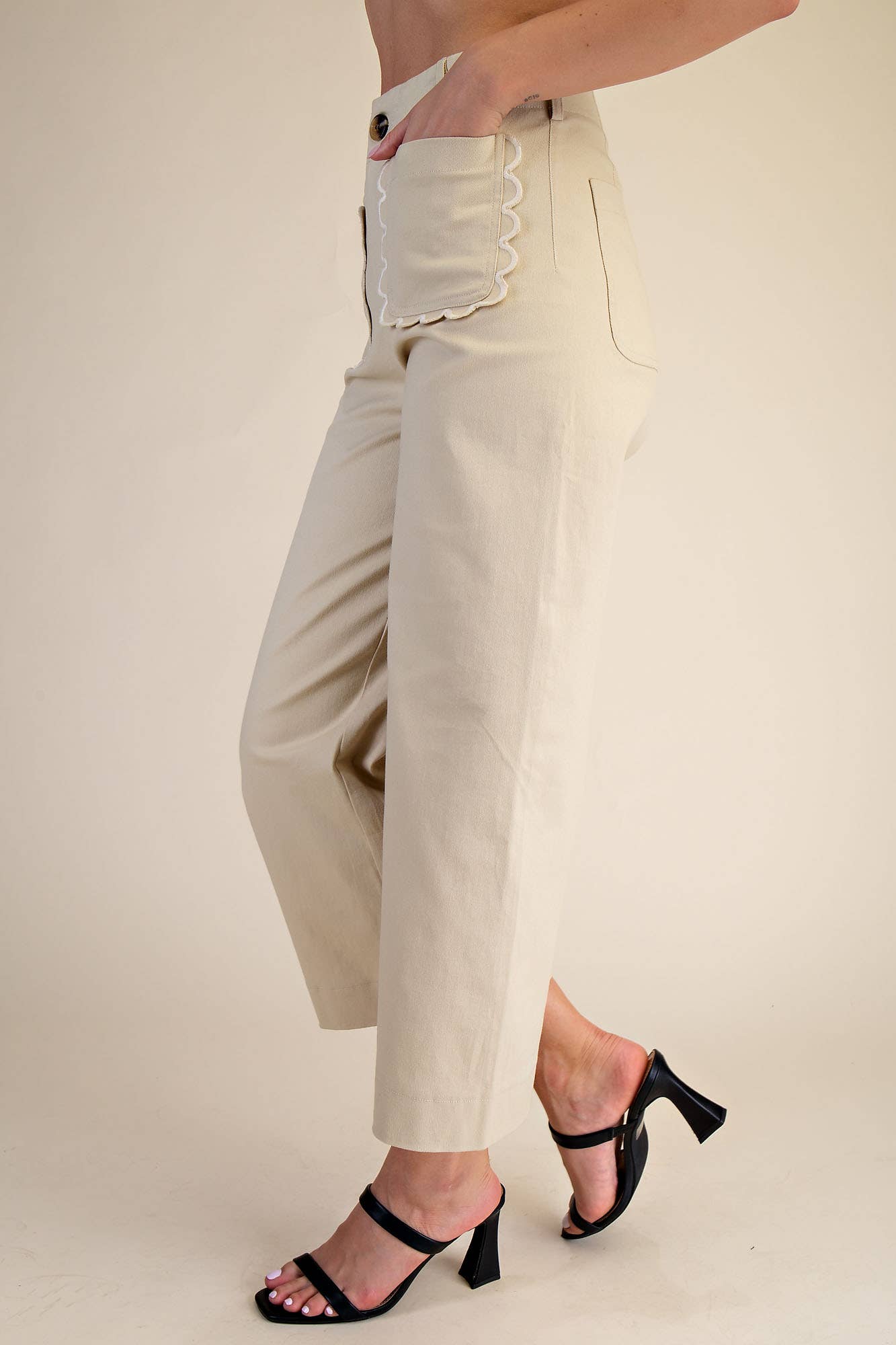 Pants Wide-Leg Cropped With Scalloped Pocket Detail Cotton Blend