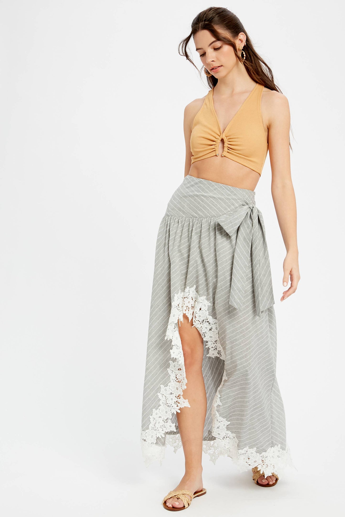 Wrap Maxi Skirt With Striped Lace Trim Fun Flirty Skirt