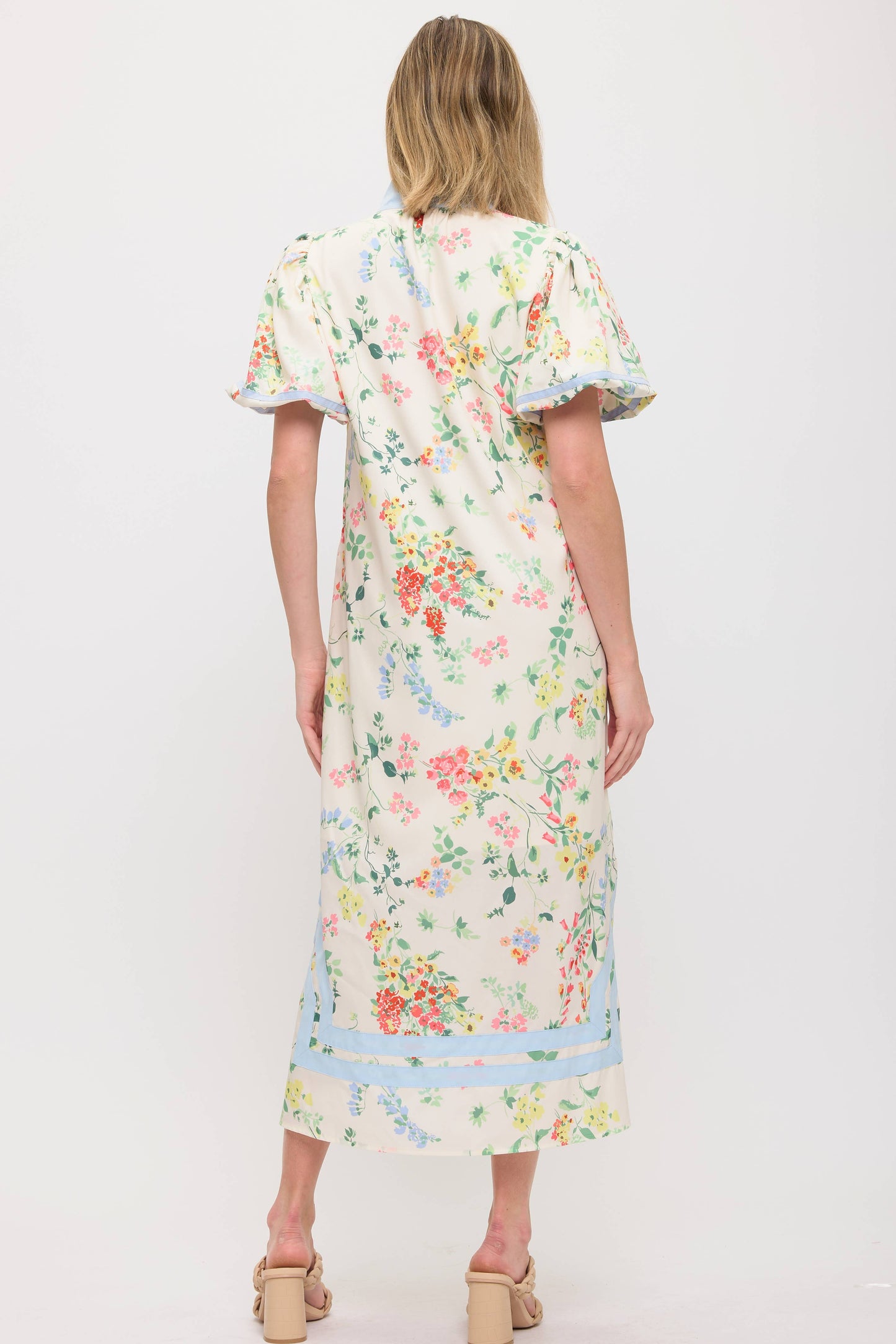 Trimmed Split Neck Line- Floral Maxi Dress - Puffed Sleeves - Restock Arrives April 4th