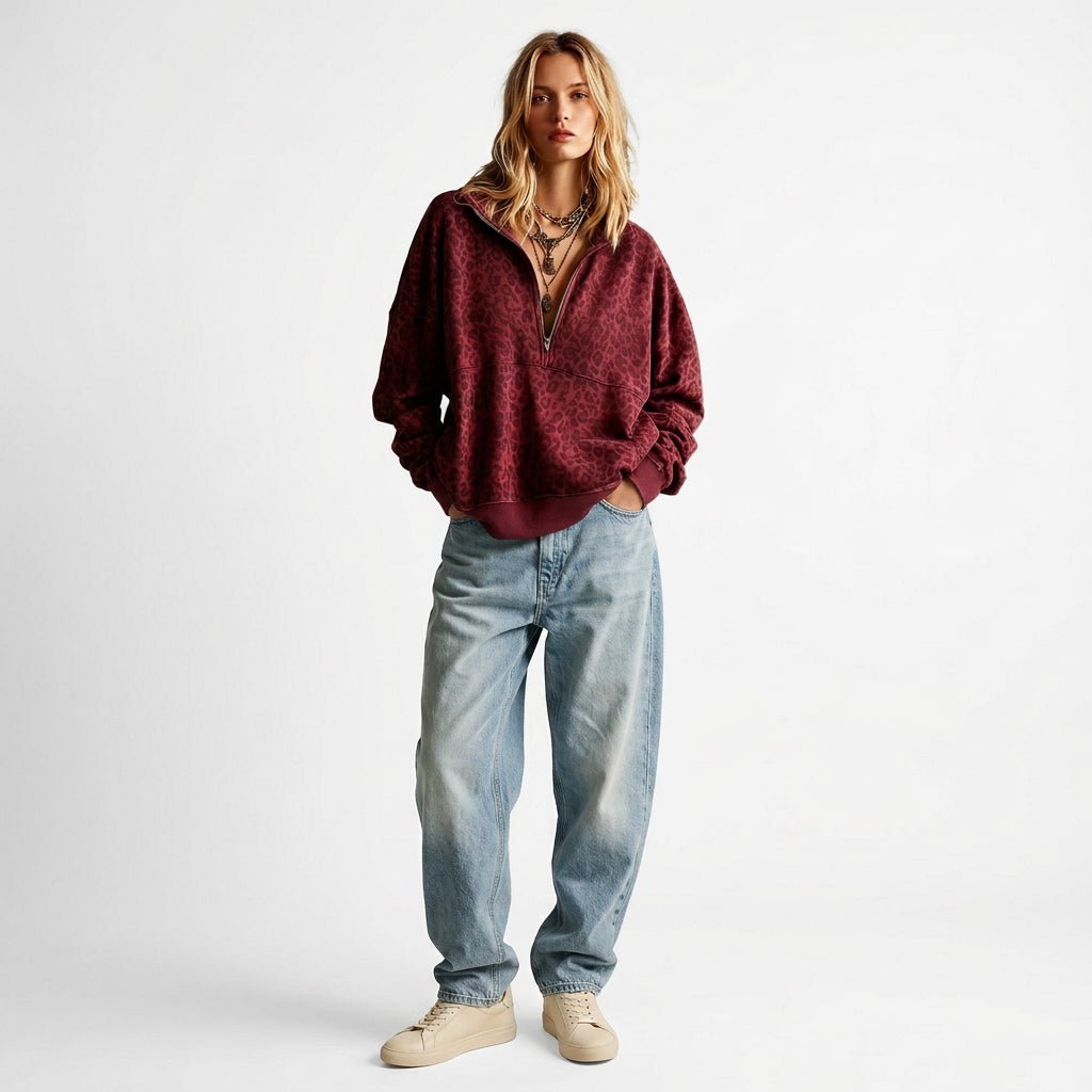 Leopard Scuba Zip Rosette Pullover - The Sensory