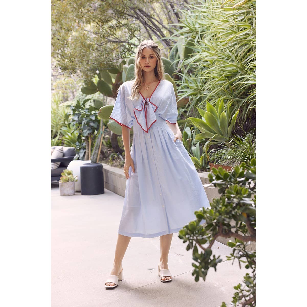 Midi Dress With Pleated Stripe Button Down Tie Modest Fashion Easter