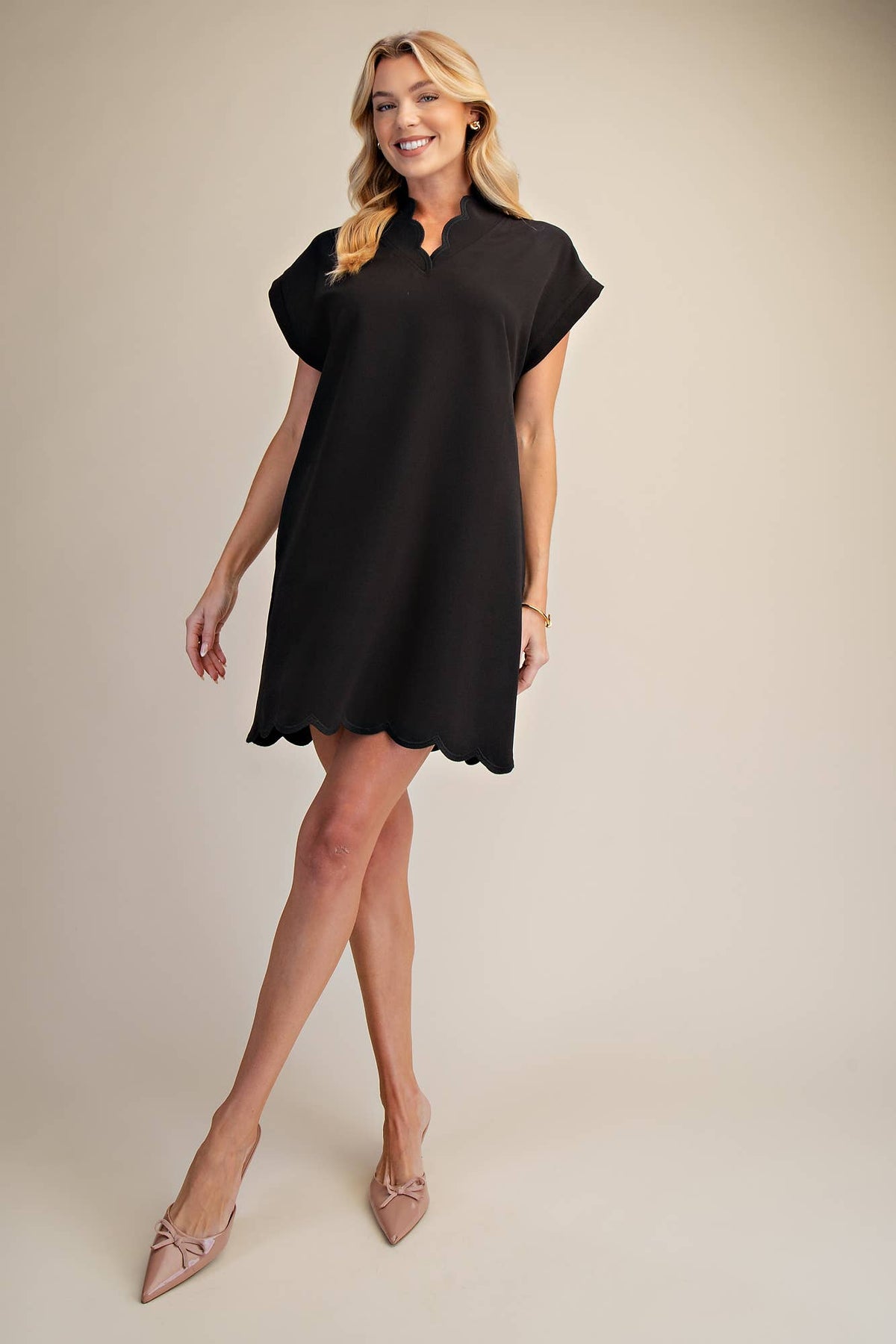 Mini Dress With Embroidered Scallop Trim V Neck And Hem Cap Sleeves - Super Cute - The Sensory