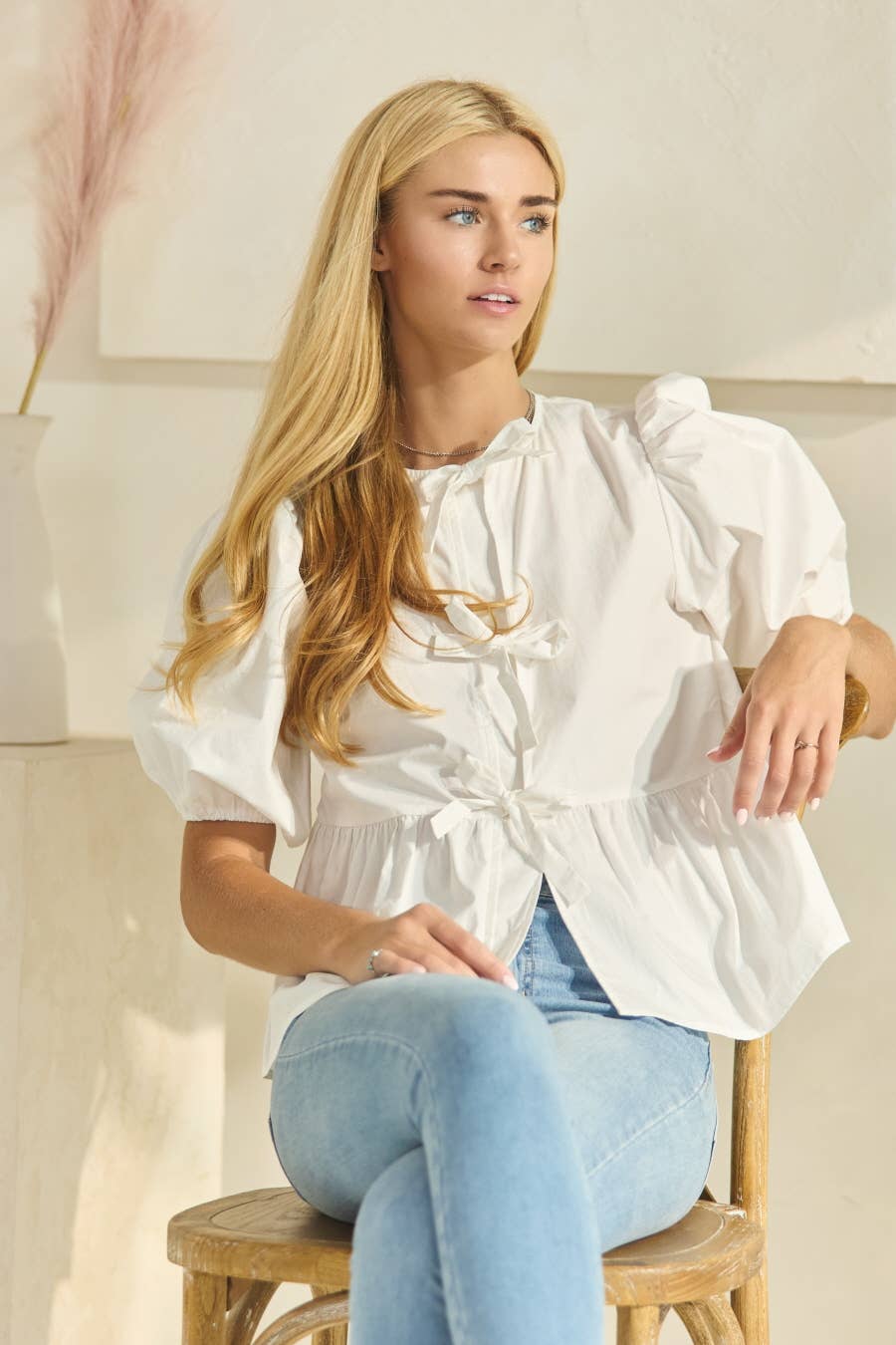 Poplin Front Tie Ribbon Peplum, Modest Puff Sleeve