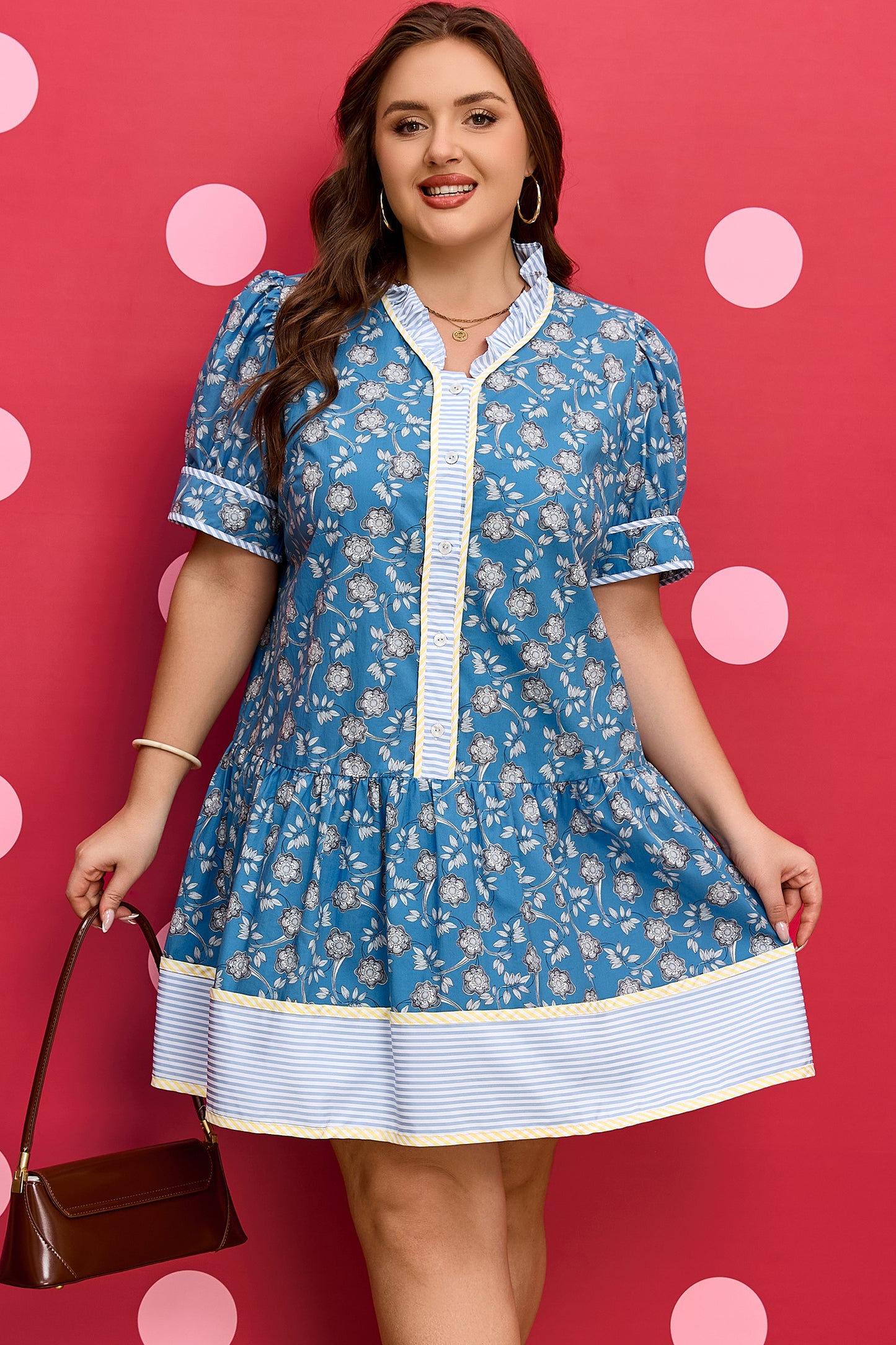 Blue Floral Print Striped Patchwork Detail Button Front Ruffle Hem Dress