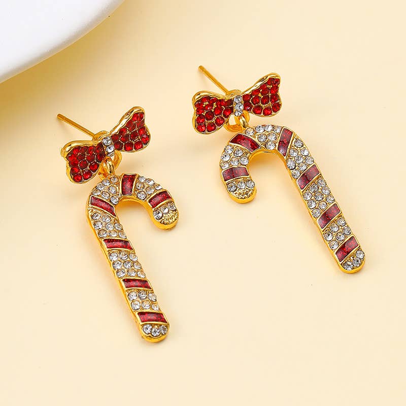 Crystal Bow & Rhinestone Candy Cane Drop Earrings | 40E558 - The Sensory