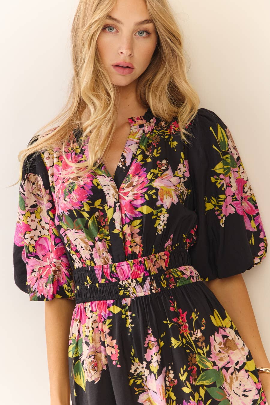 Midi Dress With Floral Print - Faith-Based Modest V-Neck Empire Waist Tiered Hem