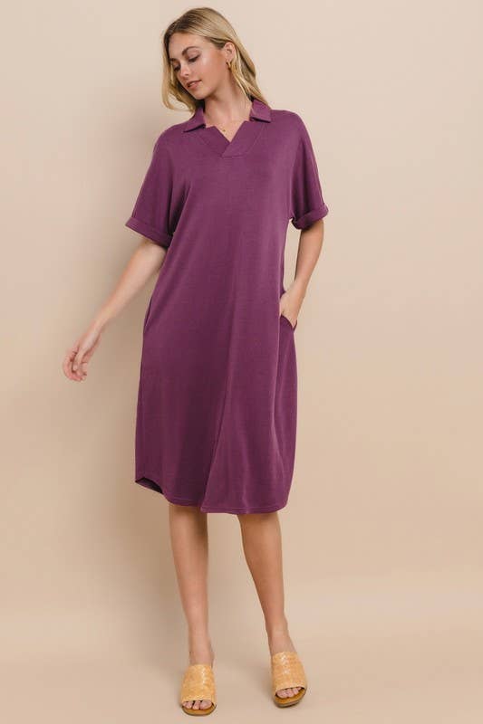 Plus Size Modest Modal Pique Knit Midi Dress With V Neck Collar