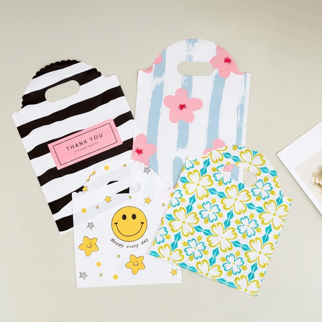 50pcs, 4 Styles Stripe Heart Smile wavy handle PVC gift bag