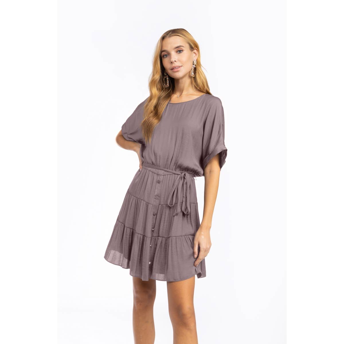 Short Sleeve Tiered Mini Dress - Front Button, Tie Waist, Little Dress