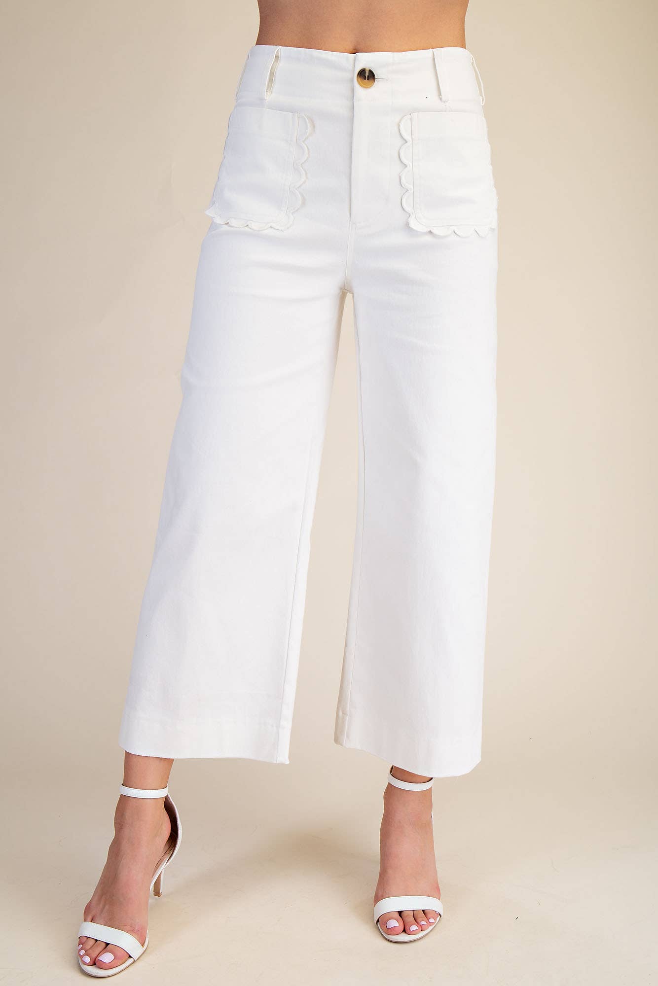 Pants Wide-Leg Cropped With Scalloped Pocket Detail Cotton Blend