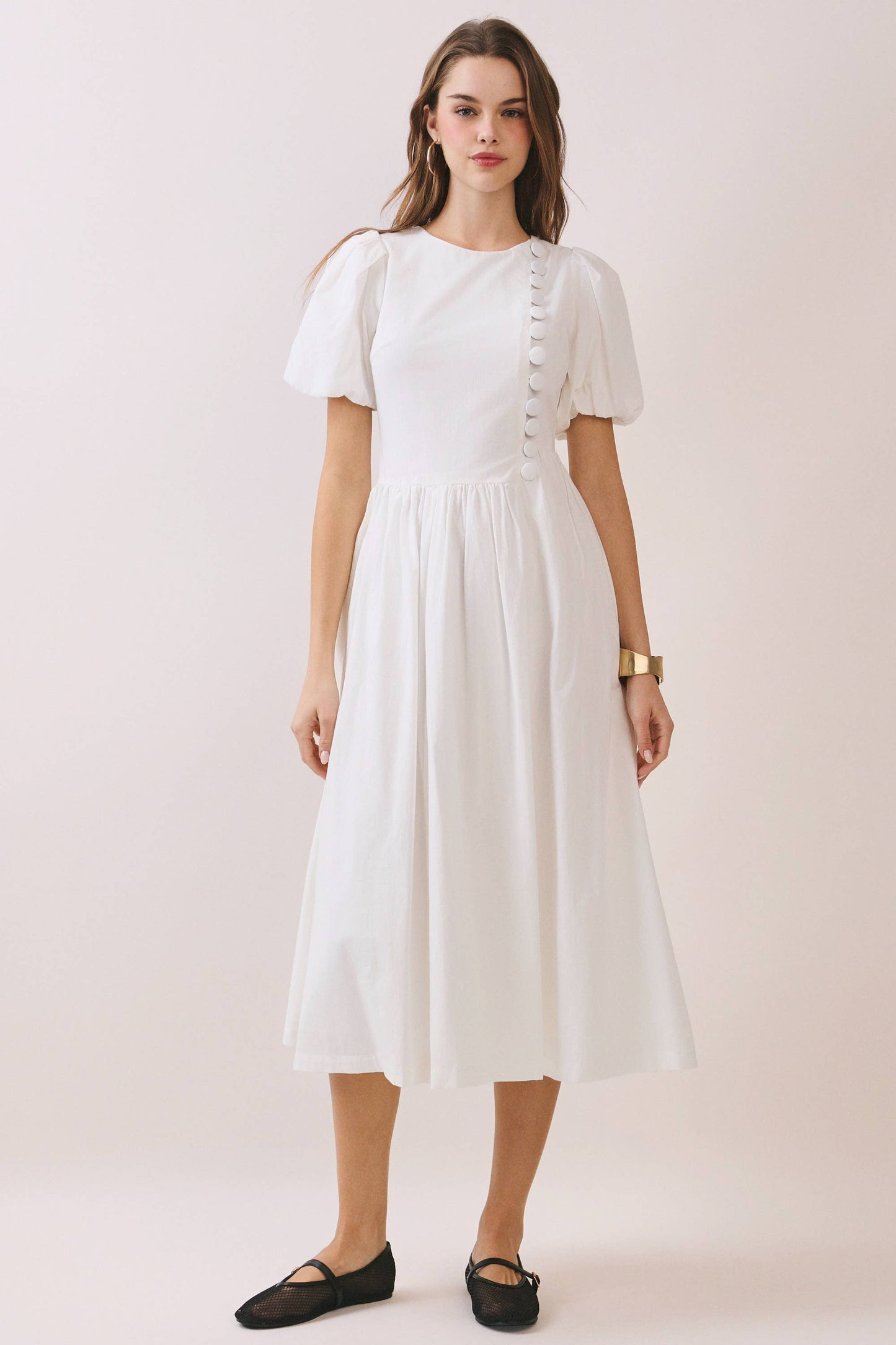 Puff Sleeve Midi Dress - The Sensory Modest Round-Neck Faux Button Front