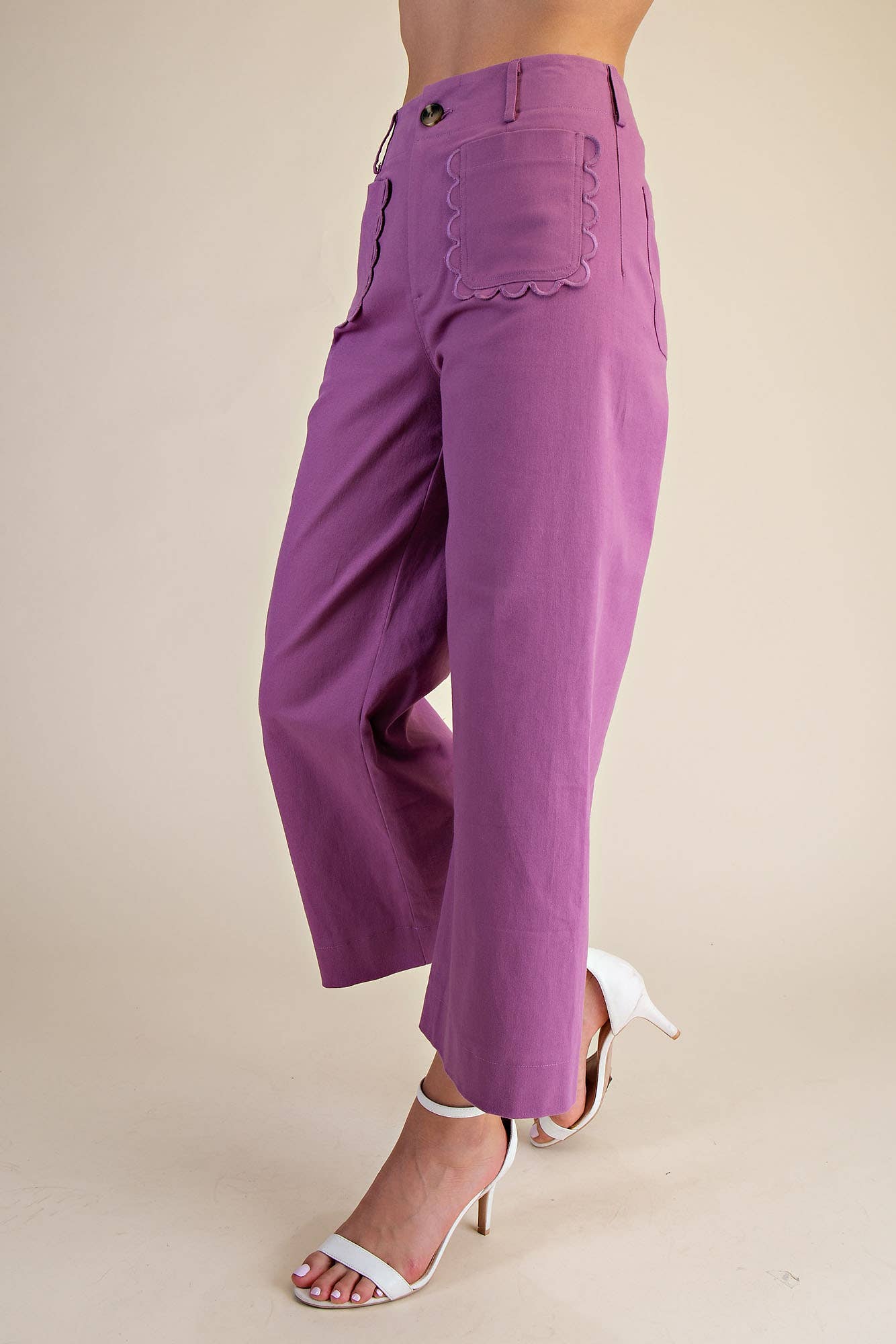 Pants Wide-Leg Cropped With Scalloped Pocket Detail Cotton Blend