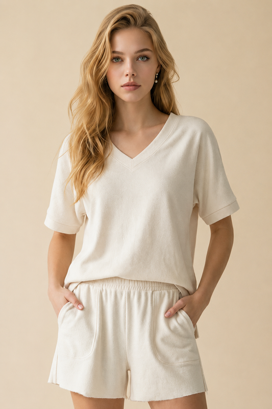 Couch Couture European French Terry V Neck Top And Shorts Set