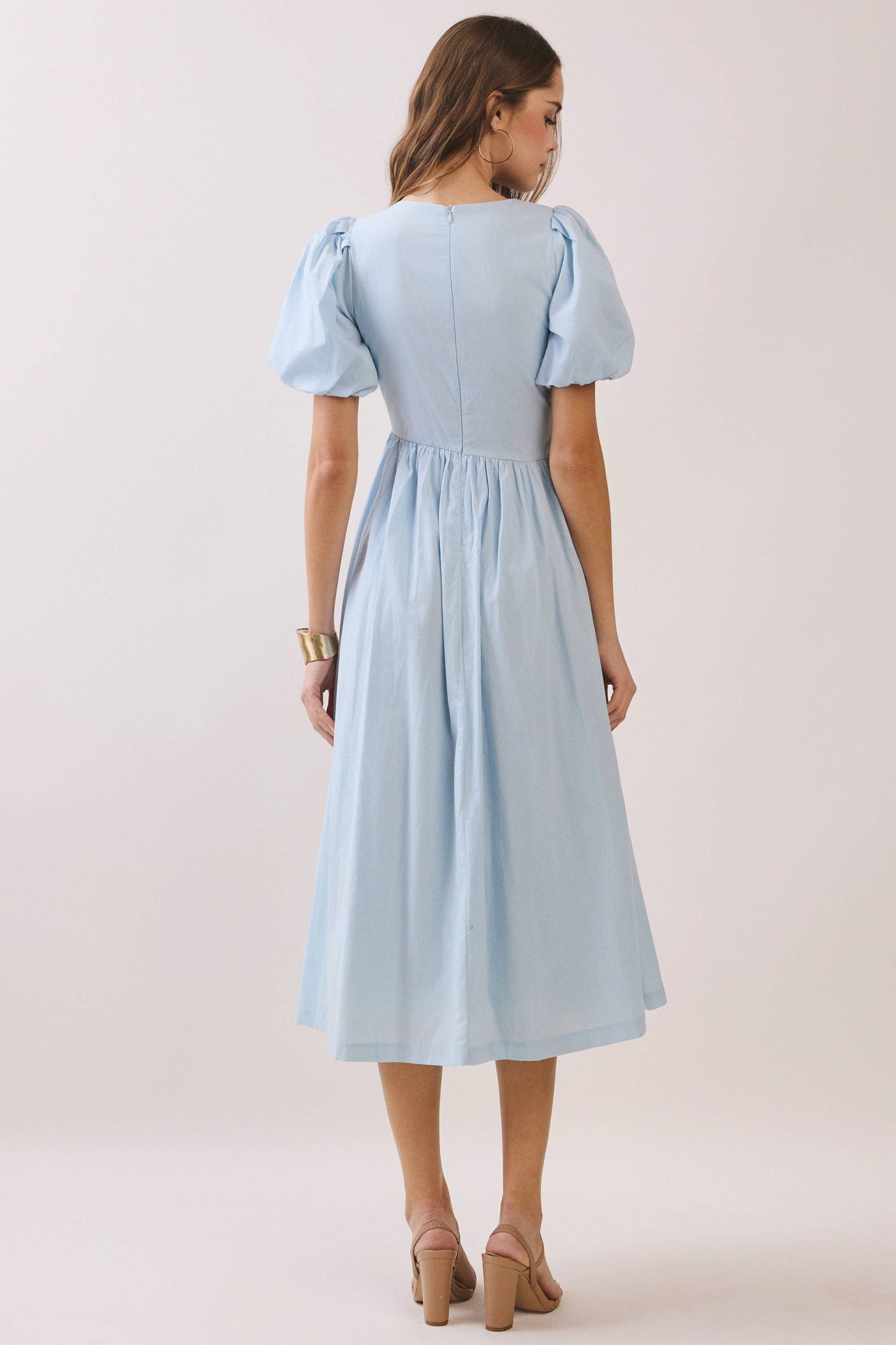 Puff Sleeve Midi Dress - The Sensory Modest Round-Neck Faux Button Front
